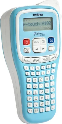 A blue and white Brother P-touch H100LB label maker is shown against a white background.