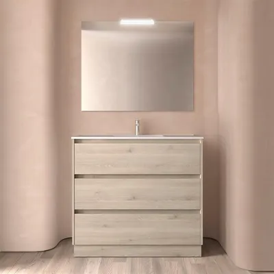Image de BALTIC, ensemble complet 1000 : 3 tiroirs, finition naturelle, meuble-lavabo, miroir et éclairage