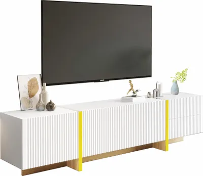 Produktbild von Sweiko 190 cm TV-Schrank, 3 Türen, 2 Schubladen, Weiß mit Gold und Holzmaserung