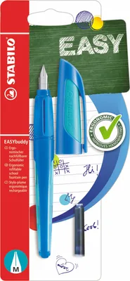Image de Stylo d'école avec plume standard M - STABILO EASYbuddy en bleu foncé/bleu clair - couleur d'écriture bleu (effaçable) - stylo individuel - cartouche incluse