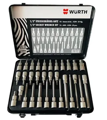 Produktbild von WÜRTH Zebra Steckschklüssel 1/2 Zoll Steckschlüsseleinsätze 31 Teile (Größe: 1 Set)