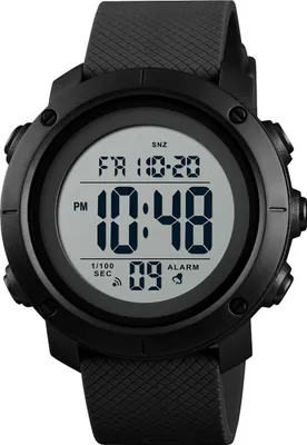 A close-up, front-facing view of a black digital sports watch with a textured strap, displaying the time and date on its screen.