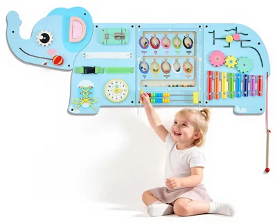 Imagen del producto de VEVOR Tablero sensorial Montessori multifuncional "Elefante", 14 actividades en 1, para el desarrollo motor y educativo temprano de niños. Fabricado con paneles de MDF, incluye xilófono, reloj, engranajes y elementos educativos