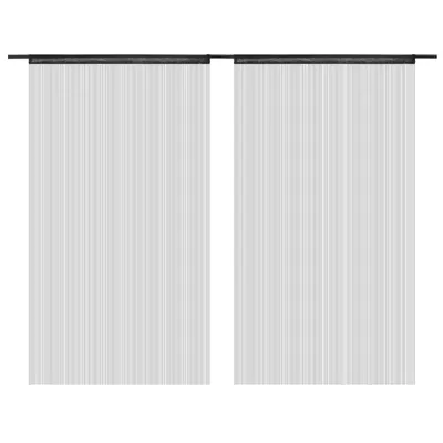 Two black string curtains hanging from a rod.