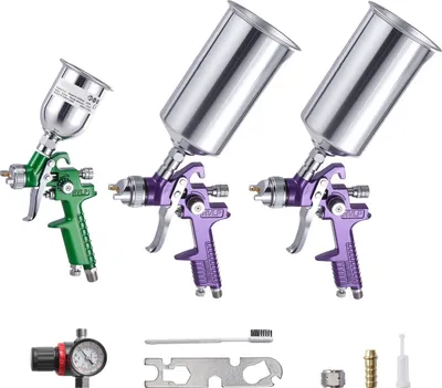 Immagine prodotto di SucceBuy Set 3 pezzi per verniciatura, pistola a spruzzo con 3 ugelli (1/1,4/1,8 mm), 3 tazze e regolatore d'aria, spruzzatore a gravità per primer, finitura e ritocchi