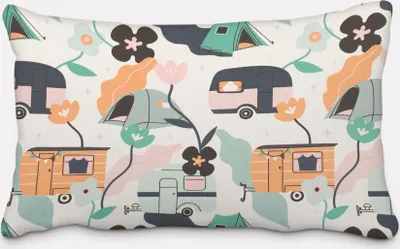 Produktbild von SCHÖNER LEBEN. Kissenhülle aus Baumwolle Camper Anhänger Blumen ecru Größe 60x80cm (HxB) 60x80cm (HxB) Größe