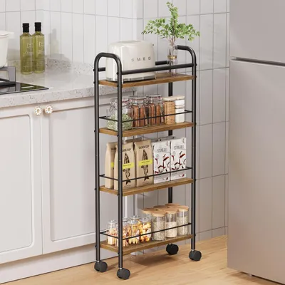 Produktbild von Schmaler Rollwagen mit 4 Ebenen, Nischenregal auf Rollen für kleine Räume, 4 Ebenen (15 x 40 x 85 cm), für Küche, Wohnzimmer, Esszimmer und Badezimmer, vintagebraun-schwarz