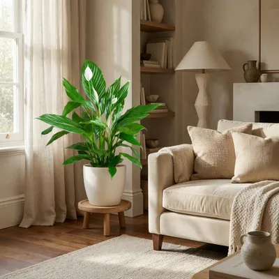 Image de Green boutiQ - Plante d'intérieur - Fleur de lune - Spathiphyllum - Blanc - Peu d'entretien - 1 Plante - avec Potter Blanc - Pot 21cm - Hauteur 70 - 80cm