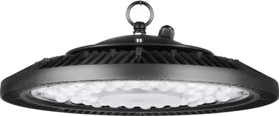 A black UFO-style LED high bay light fixture is shown suspended from a ring.
