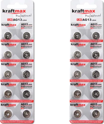 Produktbild von Kraftmax 20er Pack Knopfzelle Typ 357 ( AG13 / LR1154 / LR44 ) Hochleistungs- Batterie / 1,5V  Uhrenbatterie für professionelle Anwendungen - Neuste Generation