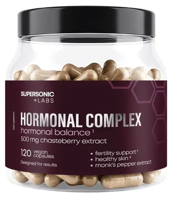 Produktbild von SUPERSONIC +LABS Hormonal Complex 120 Kapseln – Mönchspfeffer 500 mg mit Zink, Niacin und BioPerine®, vegan