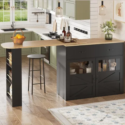 A modern kitchen island with a pull-out table, bar stools, and storage cabinets, set in a well-lit kitchen with a window view.