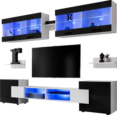 Obrázek produktu pro Extreme Furniture Vision | Nábytek Do Obývacího Pokoje S Tv Skříňkou, 2 Vitrínami A 2 Policemi Bílý Korpus A Černá Čela