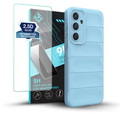 Produktbild von Handy Hülle für Samsung Galaxy A35 5G mit 9H Displayglas Displayschutz Plus Grip Case Cover Schutzhülle Softgrip Farbe: Hellblau