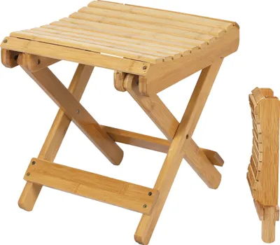 A wooden folding stool is shown in a product shot, along with a folded view of the stool.