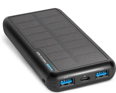 A black solar power bank is shown on a white background.