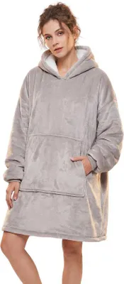 Produktbild von Unyqoos® JAXY Hoodie-Decke Oversize mit Ärmeln – Fleece außen & Premium Sherpa innen, Grau, One Size, extra dick, große Kapuze & Fronttasche