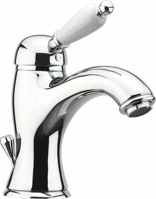 A close-up studio shot of a single chrome and white faucet against a white background.