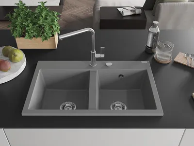 Immagine prodotto di Mexen Hektor lavello in granito a 2 vasche 800 x 480 mm, grigio, sifone cromato - 6521802000-71