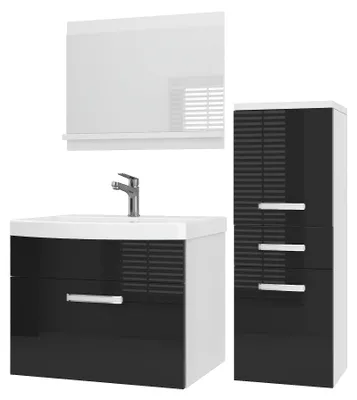 Obrázok produktu pre Sada kúpeľňového nábytku BELINI PRI P2 90 cm, čierna, lesklá – moderná kúpeľňová skrinka s umývadlom a zrkadlom, kompletné vybavenie, montáž na stenu