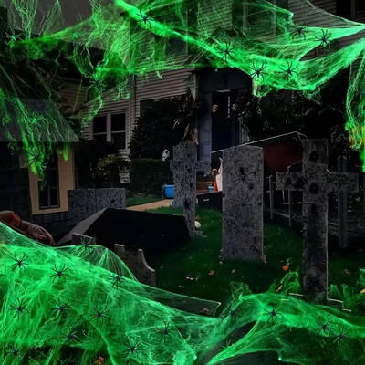 Produktbild von Leuchtendes Spinnennetz und 30 Spinnen – Halloween-Dekorationsset – Dehnbares Kunstspinnennetz, ein Muss für Halloween-Partys