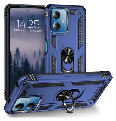 A blue rugged phone case with a ring holder is displayed from multiple angles, with a phone screen showing a landscape image and time.