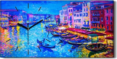 Produktbild von Wohnzimmer-Bild Leinwand Uhr 60x30 Malerei Abstrakte Stadt Gebäude Fluss Boote - schwarze Hände