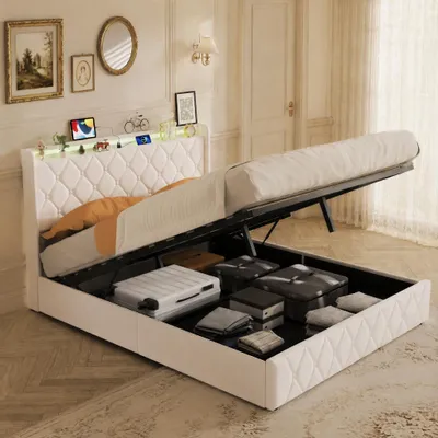 Image de Lit rembourré INONEFT, 140x200 cm, avec coffre de rangement, lit pour adolescents avec éclairage LED et prises électriques, lit simple avec sommier à lattes et tête de lit avec espace de rangement, en velours, couleur beige