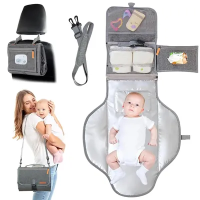 Produktbild von Tragbare Wickelunterlage - Reise Wickeltasche - Faltbar - Mit Feuchttücherfach - Unisex Baby 0–6 Monate - Größe M - Grau