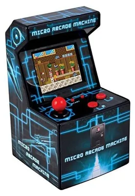 A close-up, angled view of a miniature arcade machine.