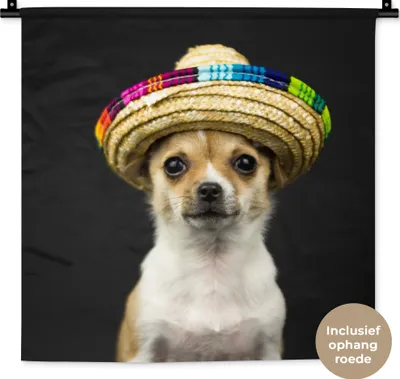 Produktbild von MuchoWow® Wandteppich Wandbehang Hund - Sombrero - Schwarz 60x60 cm Tapisserie Dekoration Wandtuch - Dekorationen - Wand Decke