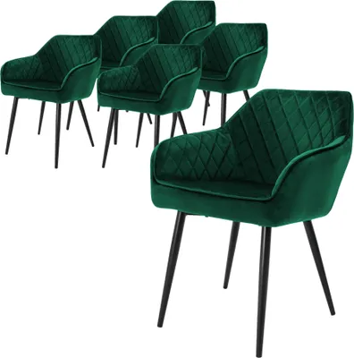 A set of dark green velvet dining chairs with black metal legs, arranged on a white background.