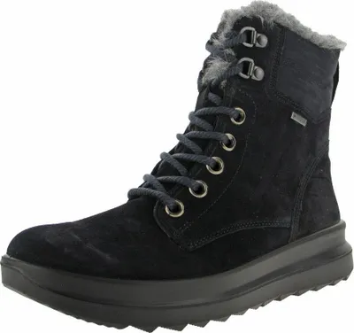 A single black winter boot is shown against a white background.