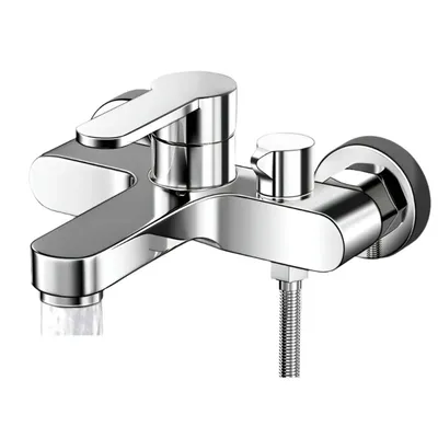 A chrome-plated bathroom faucet with a shower hose attachment, shown against a white background.