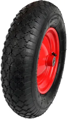 A close-up studio shot of a wheel with a red rim and a black tire.