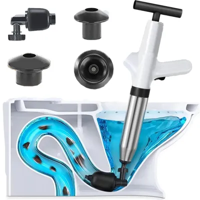A cutaway illustration of a toilet bowl showing a drain cleaner being used to clear a blockage.