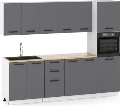 Zdjęcie produktu dla ULWEHOME Meble kuchenne Zestaw mebli kuchennych Kuchnia Milan 260cm Słupek piekarnik | szafka • regał • blat • zabudowa piekarnika | Antracyt 2,6 m