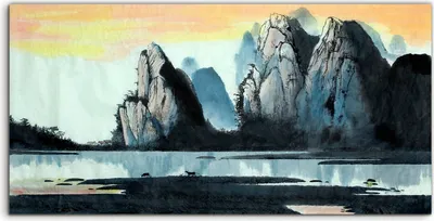Produktbild von Coloray Glasbild 140x70  Wandbild Glasbilder Chinesische Landschaft Berg und Fluss