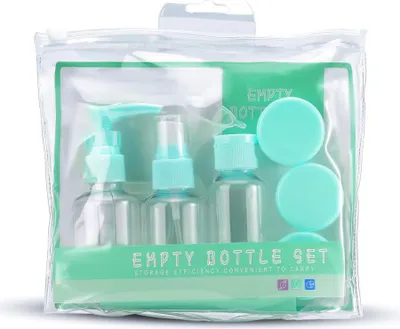 Image de Intirilife set de flacons en BLEU TRANSPARENT - Set de plusieurs pièces avec des flacons vides, des récipients, des entonnoirs pour remplir, pour voyager, pour des échantillons etc. Bagages autorisés par la TSA