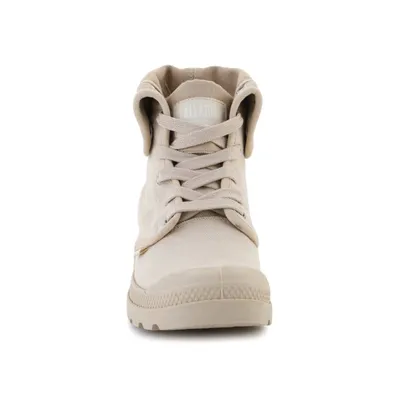 A front view of a beige Palladium boot.