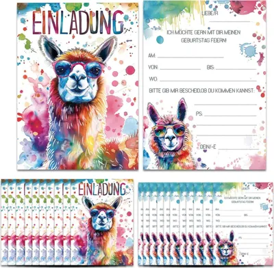 Produktbild von Einladungskarten Kindergeburtstag Mädchen und Junge, 14 x Lama Einladungskarten Kindergeburtstag, Witzige Alpaka Geburtstag Einladungen, Partyeinladung in coole Lama Design.