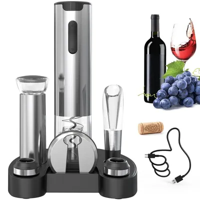 Immagine prodotto di Set di cavatappi elettrico 7-in-1 con tagliacapsule, versatore, 2 tappi sottovuoto, cavo USB, colore argento