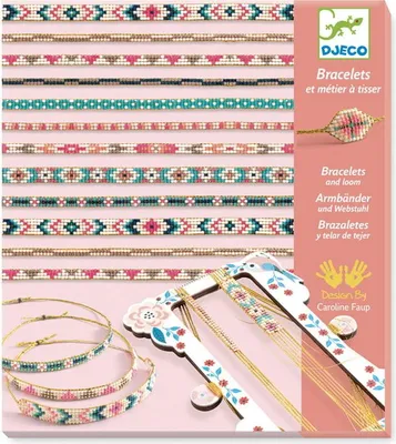 A flat lay of a Djeco bracelet making kit, showing the packaging, the loom, beads, and finished bracelets.
