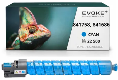 Obrázok produktu pre Evoke tonériová kazeta kompatibilná s tlačiarňami Ricoh MPC-5502, 4502, s kódmi 841758, 841686, farba: azúrová, výtlačnosť: 22 500 strán, kompatibilná s modelmi MP C5502 a MP C4502