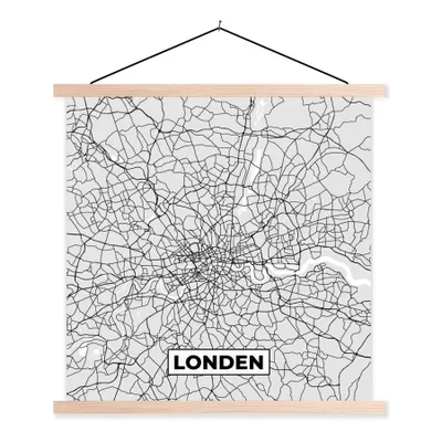 Produktbild von MuchoWow® Textilposter London - Stadtplan - Schwarz und Weiß - Karte 60x60 cm mit holzfarbenen Rahmen - Wanddekoration