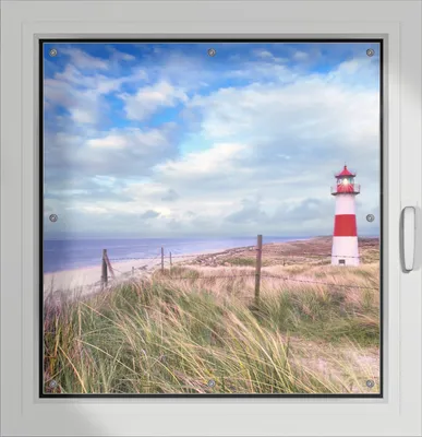 Produktbild von Wallario Lichtschutzbild, Dekorativer Sichtschutz Sonnenschutz 96 x 100 cm mit Motiv: Leuchtturm am Strand von Sylt - Verdunklung ohne Bohren