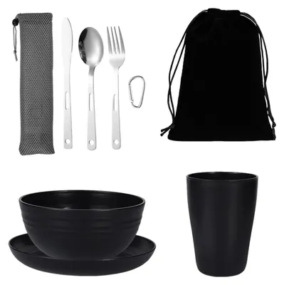 Image de Omgoods - Ensemble de couverts de camping en acier inoxydable avec sac de rangement