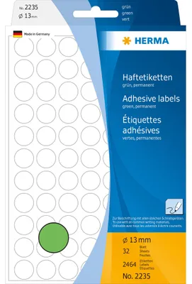 Obrázok produktu pre HERMA Permanenter Klebstoff - grün - 13 mm rund 2464 Etikett(en) (32 Bogen x 77)
