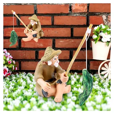 Produktbild von 2 Stück Miniaturstatue Angler alter Mann Figur für Garten und Aquarium