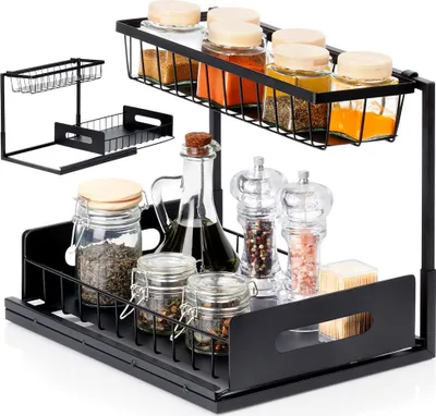 Image de Vilde | Etagère de cuisine avec tiroir - 36x27x28,5 cm - Noir - Pratique et à deux niveaux